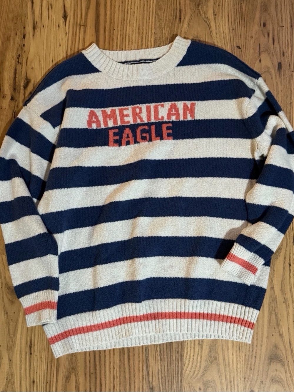 American Eagle Outfitters Striped Logo Crewneck Sweater Blue White Coral Small